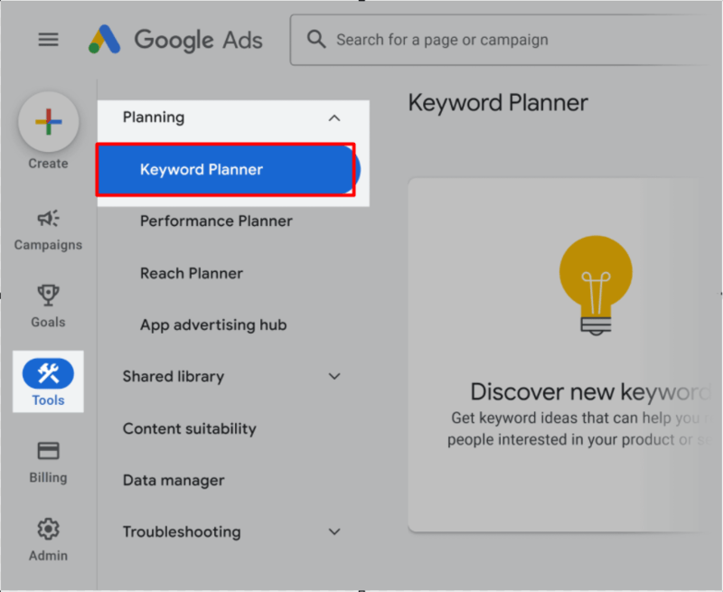 Keyword Research for Free: The Beginner’s Guide to Finding High-Ranking Keywords 3 Google Ads interface showing the Tools menu with Keyword Planner highlighted under Planning.